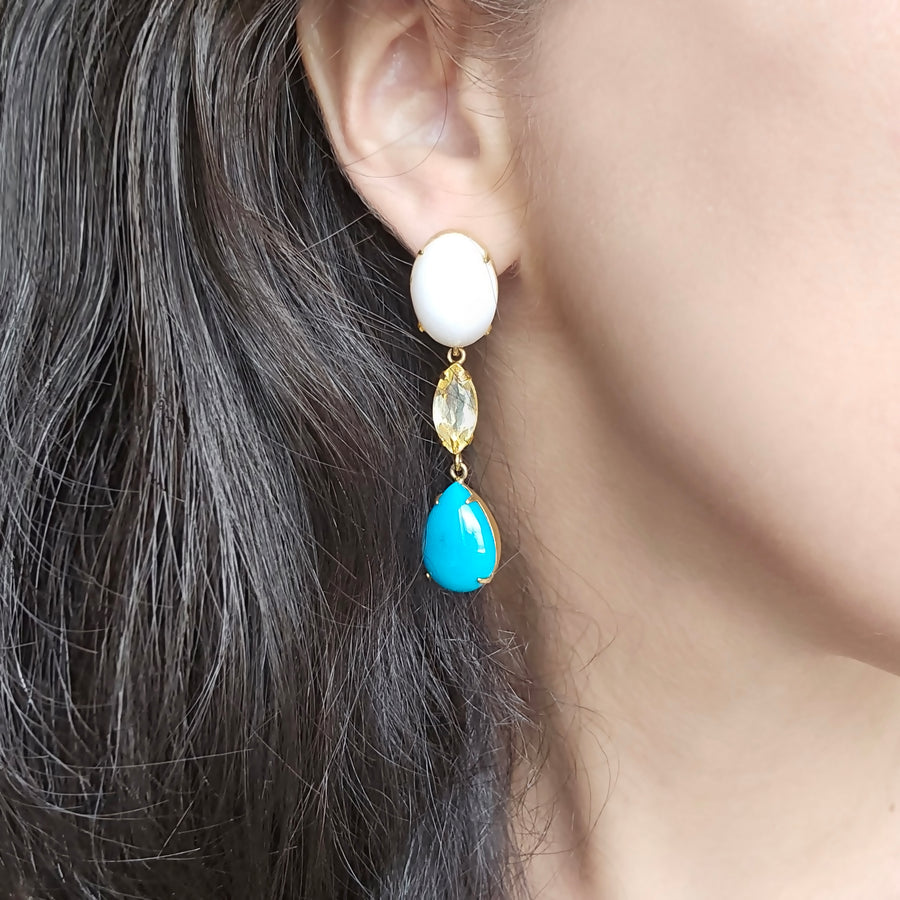 White Agate, Turquoise & Lemon Quartz Earrings