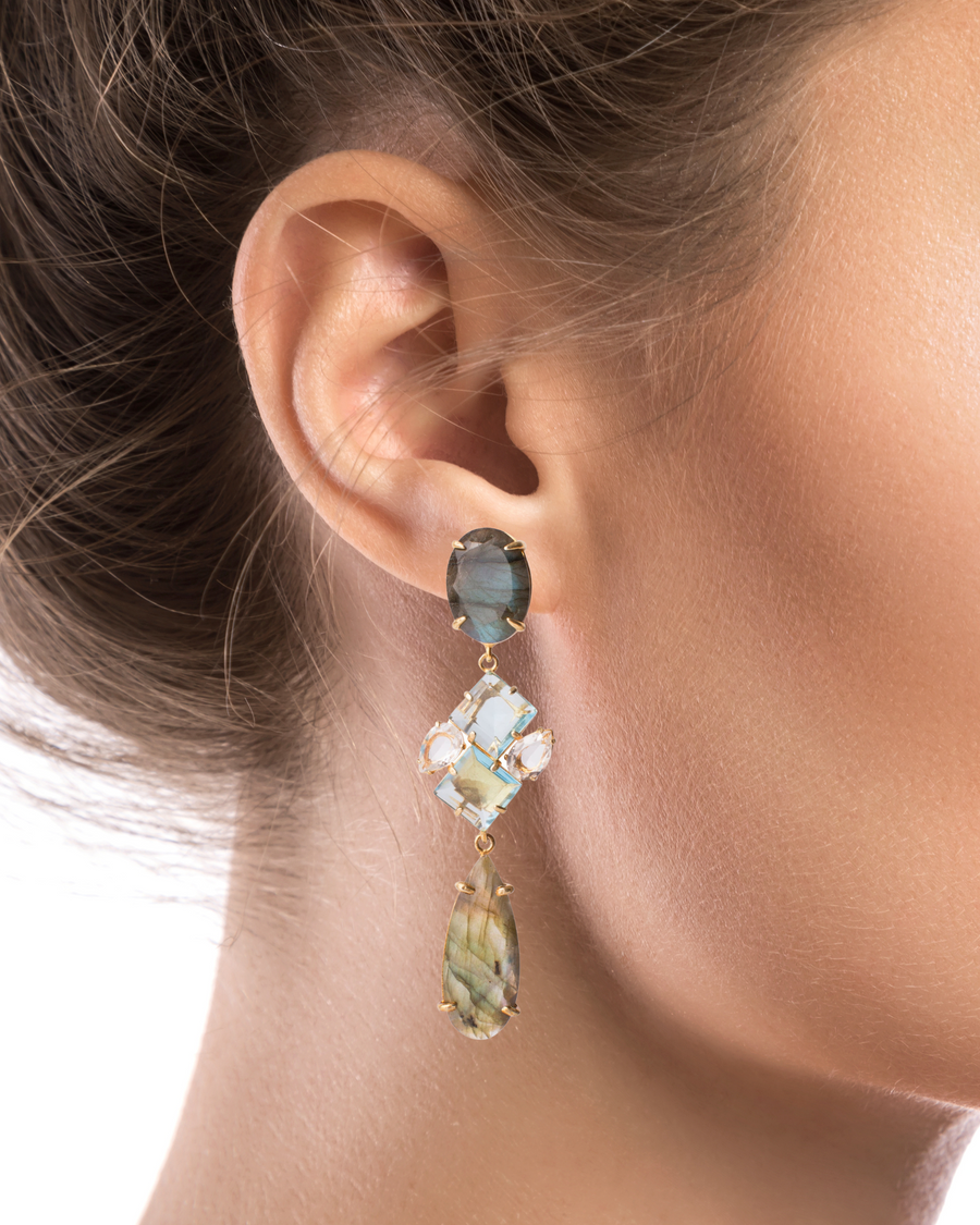 Labradorite, Blue Quartz & Clear Quartz Earrings
