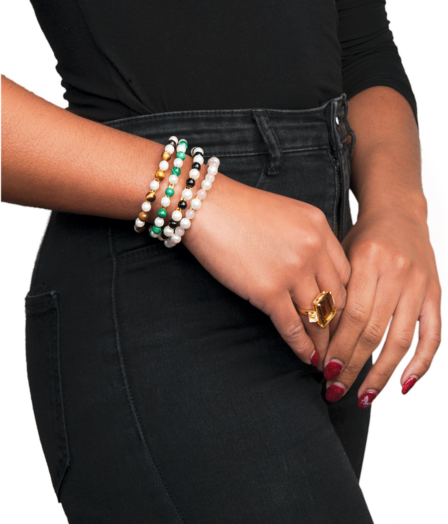 White Shell Pearl & Tiger Eye Hoops SET