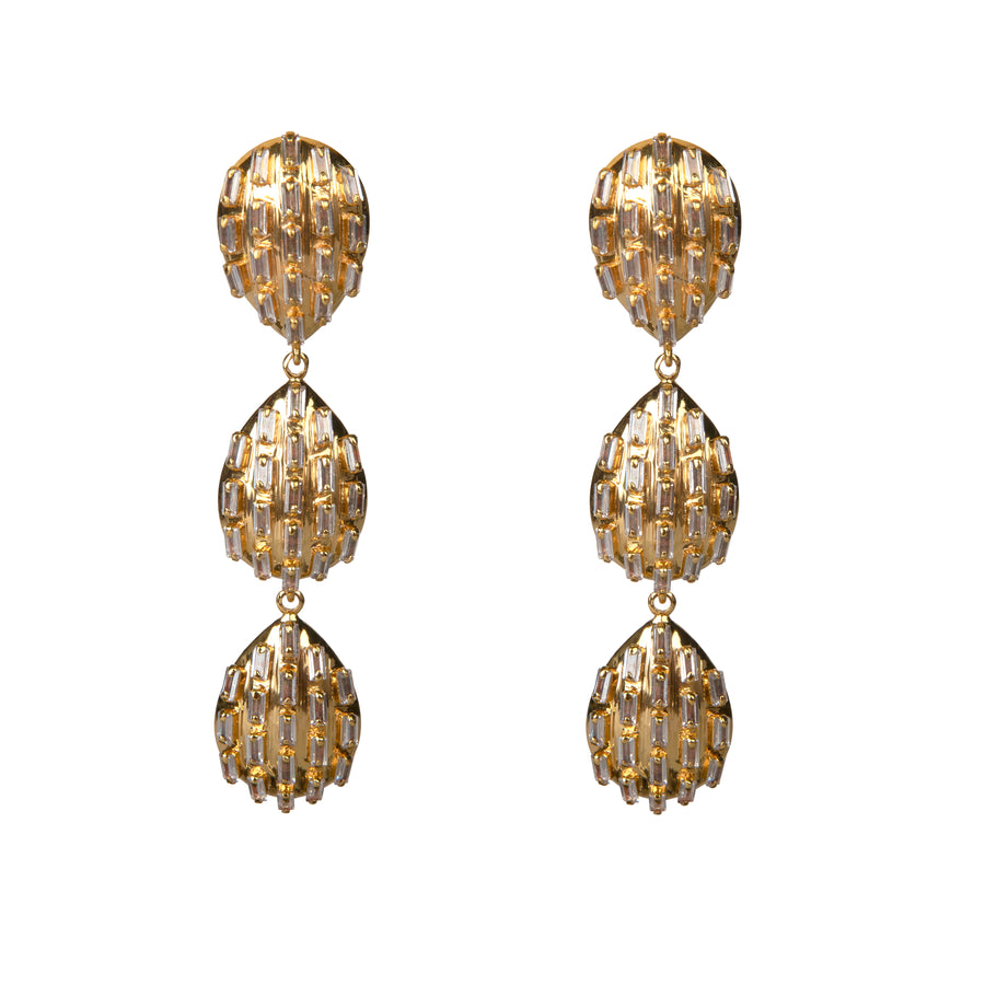 Selene Earrings featuring cascading gold teardrops encrusted with baguette-cut crystals, multi-drop convertible design.