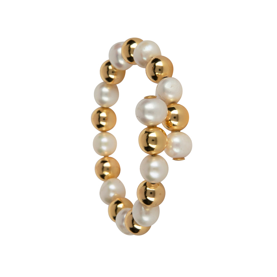 Gold and pearl cuff bracelet with alternating polished golden beads and luminous pearls in a sleek, timeless design.