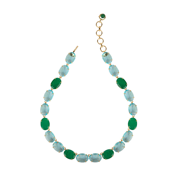 Necklace with green and blue beads on a white background