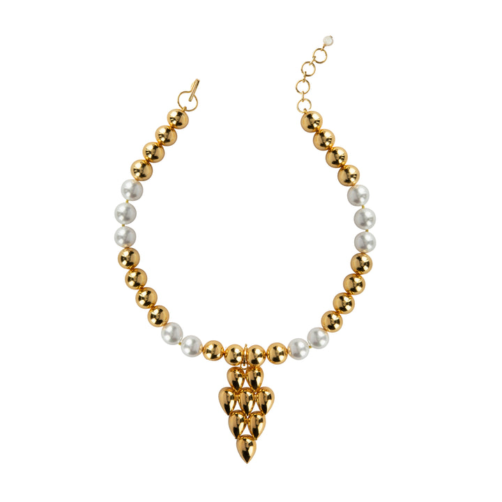 Gold and pearl bead necklace featuring a bold removable pendant, combining vintage-inspired glamour with a modern twist.