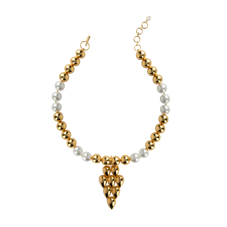 Gold and pearl bead necklace featuring a bold removable pendant, combining vintage-inspired glamour with a modern twist.
