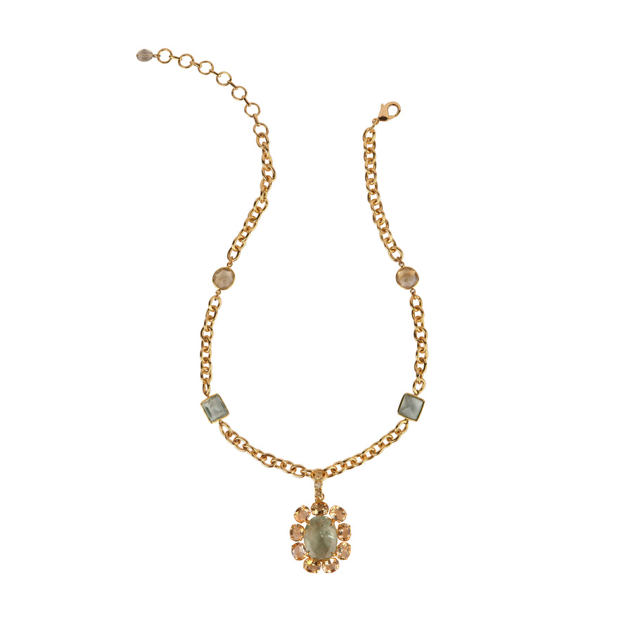 Bounkit Juniper Necklace – earth-inspired 14k gold-plated chain with semi-precious stones and removable Art Deco pendant.