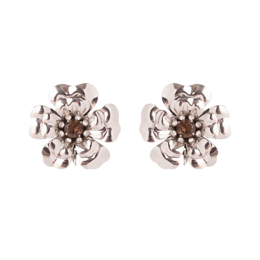 Anzia floral stud earrings in silver with semi-precious stone center and versatile drop hook, handcrafted in New York City.