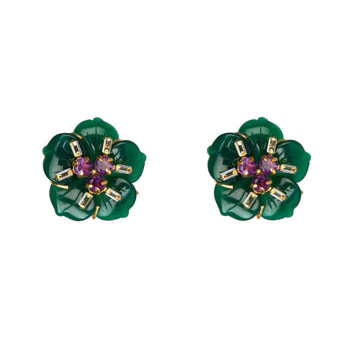 Pair of green floral earrings with purple and gold accents on a white background