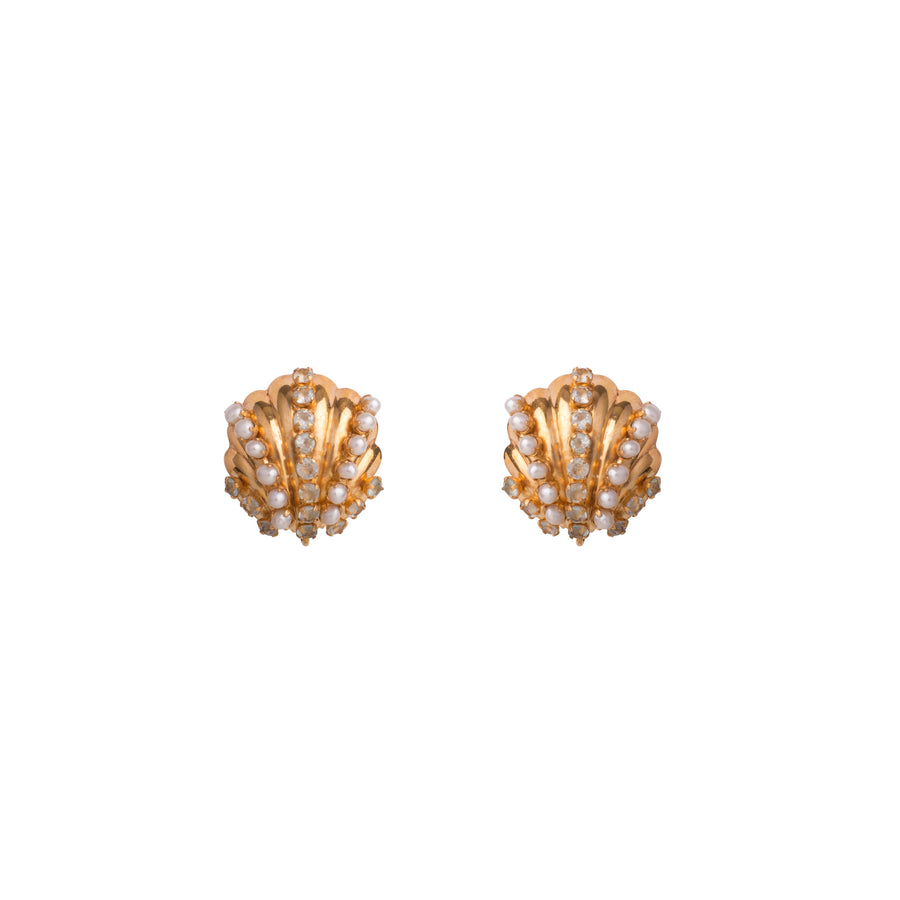Gold Sea Shell, Pearls & Rock Crystal Tassels Earrings