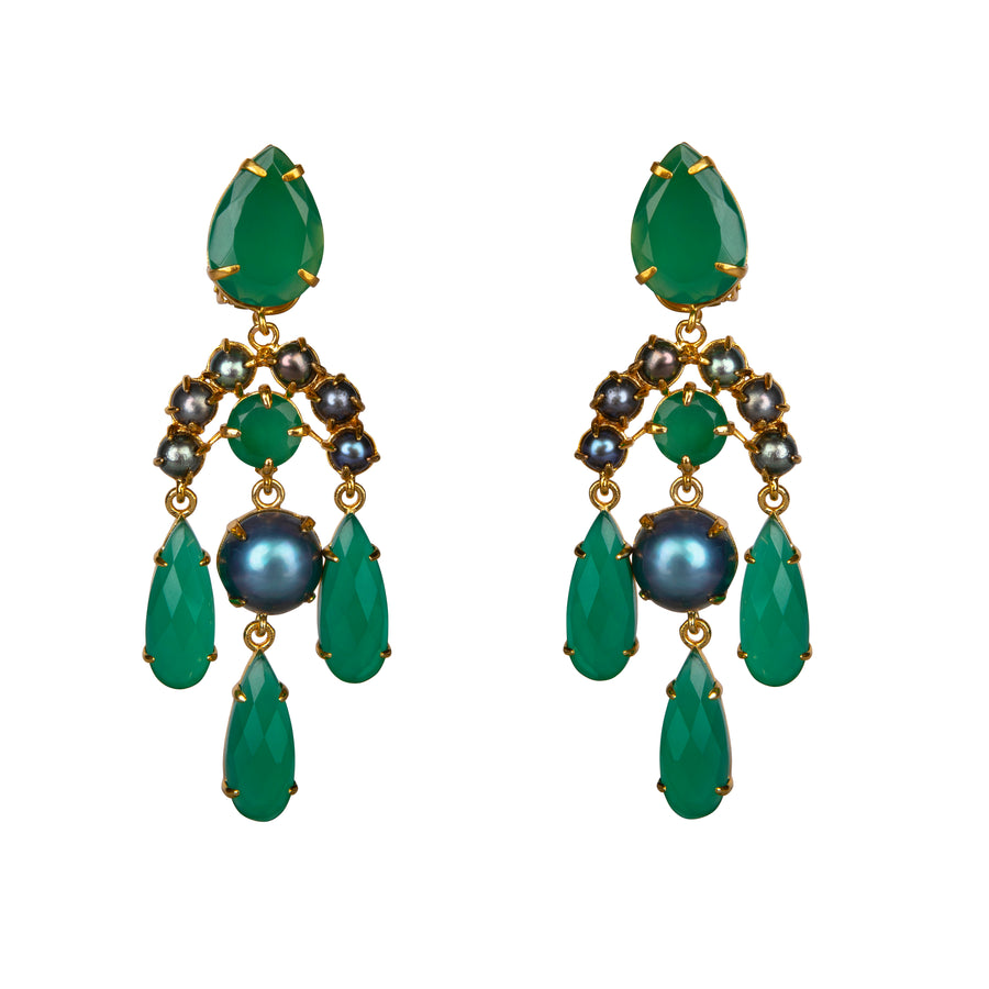Pair of green and blue teardrop earrings on a white background