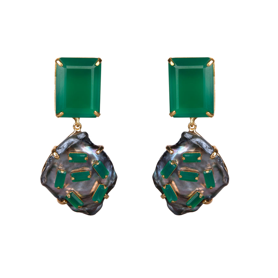 Pair of earrings with green gemstones and gold accents on a white background