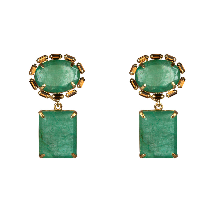 Green quartz gold-plated earrings with golden baguette frame and removable rectangular drop