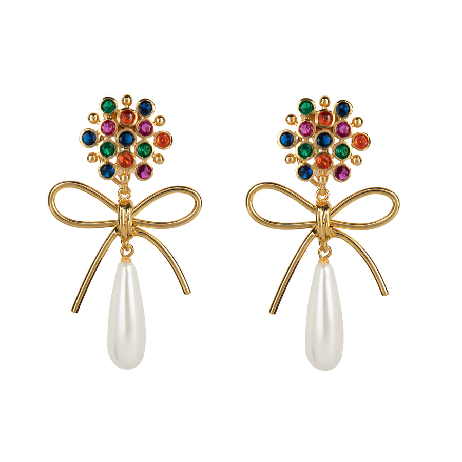 Convertible gold bow earrings with colorful gemstone cluster and teardrop pearl drop by Bounkit.