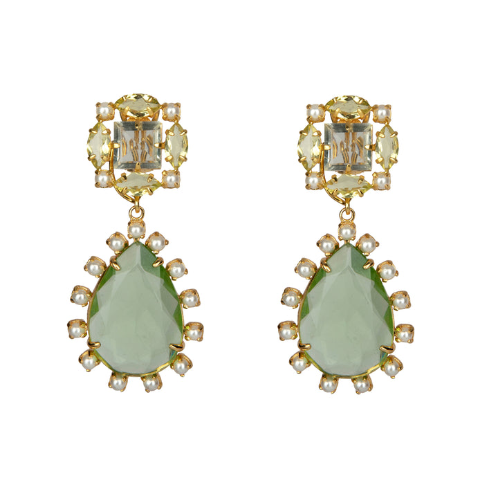 Pair of gold-plated earrings with yellow faceted stone tops framed by pearls and removable green teardrop drops accented with pearls.