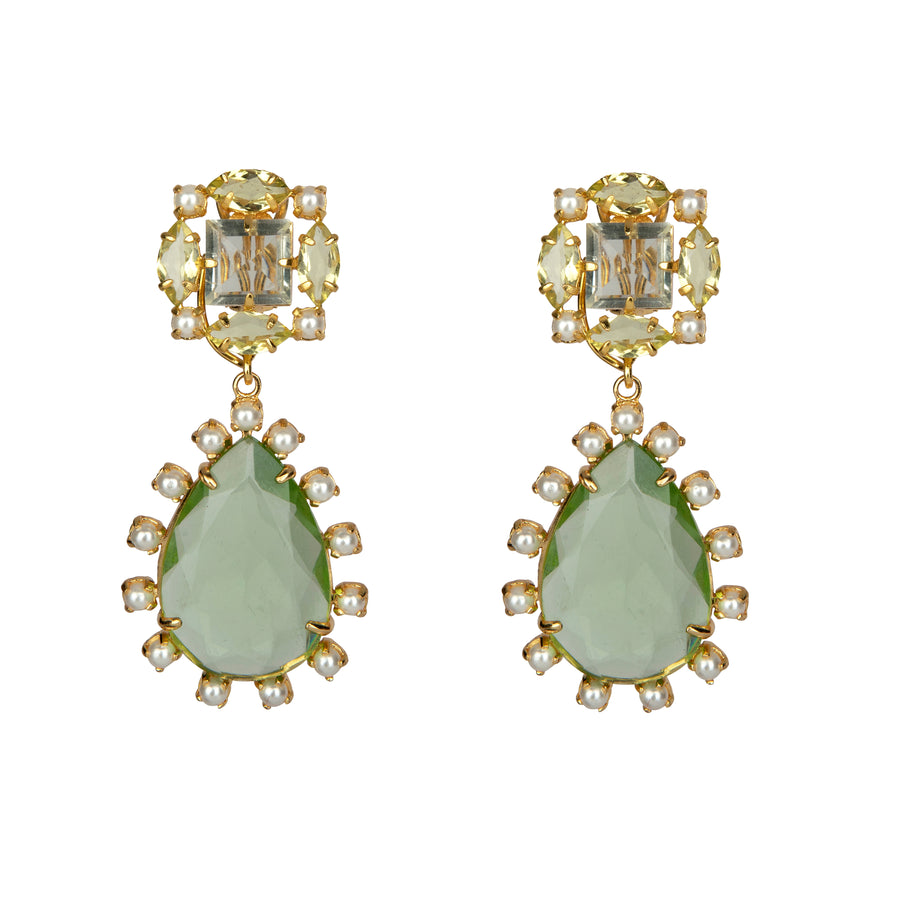 Pair of gold-plated earrings with yellow faceted stone tops framed by pearls and removable green teardrop drops accented with pearls.
