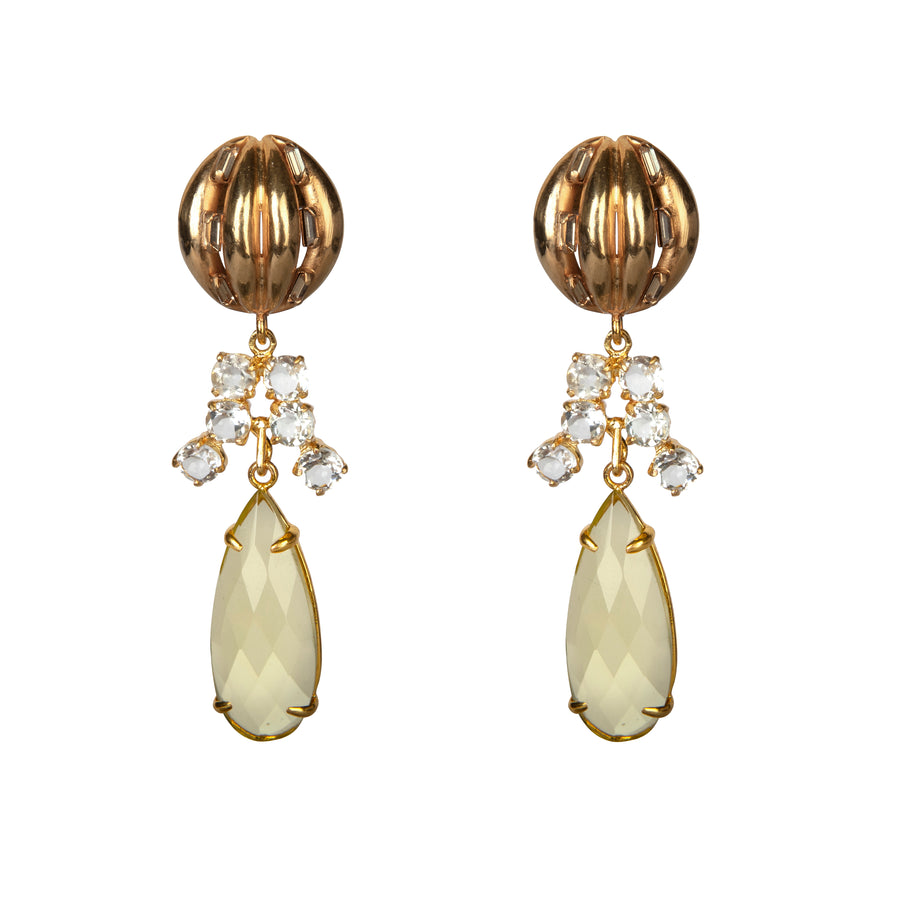 Juniper Earrings by Bounkit – earth-inspired gold-tone earrings with crystal clusters and a faceted teardrop stone, worn in 3 interchangeable styles.