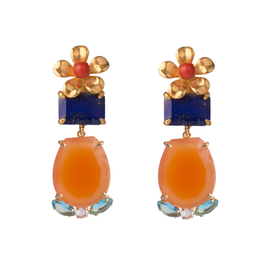 Lapis, Coral, Carnelian & Blue Quartz Earrings