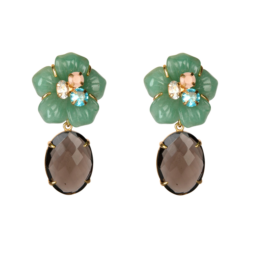 Floral earrings with green flower petals and smoky brown stones on a white background