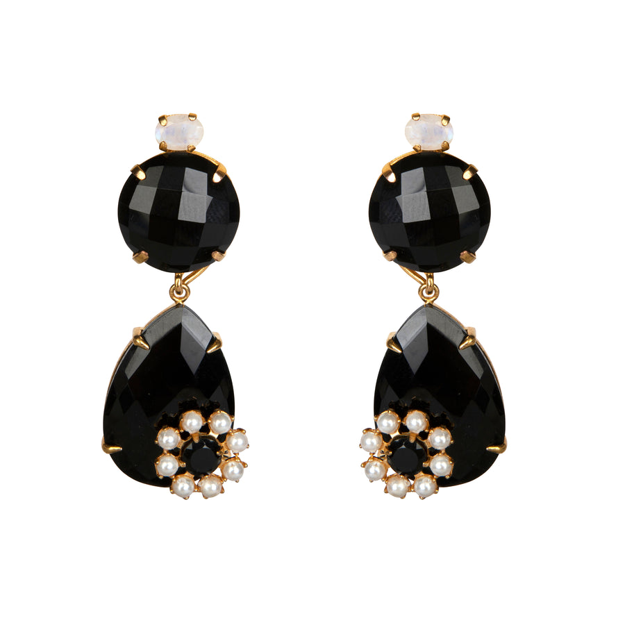 Pair of black teardrop earrings with pearl accents on a white background