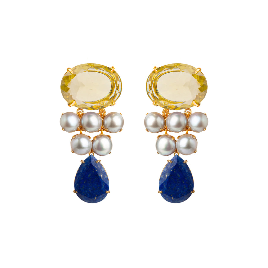 Lemon Quartz, Water Pearls & Lapis  Earrings
