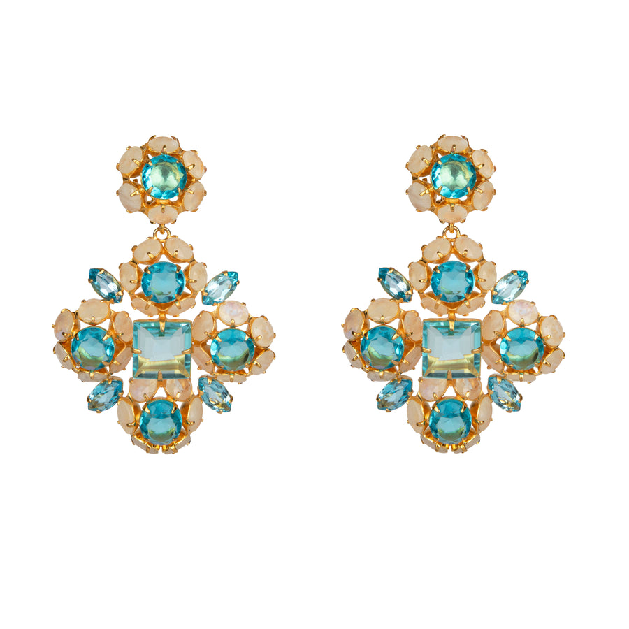 Pair of Ariadne earrings with gold setting, showcasing vibrant blue and opal-like semi-precious stones arranged in a bold, floral-inspired cluster design.