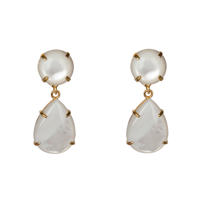 Pair of earrings with white teardrop-shaped stones and gold accents on a white background