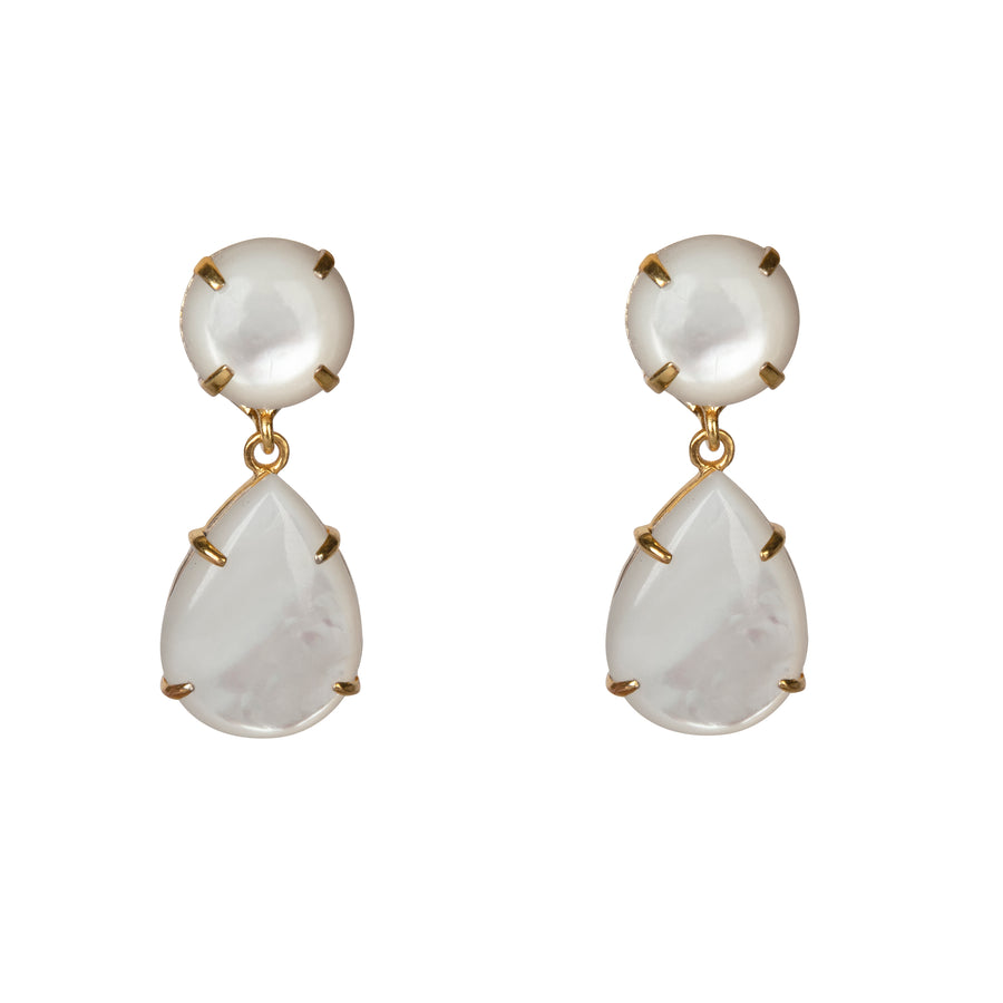 Pair of earrings with white teardrop-shaped stones and gold accents on a white background
