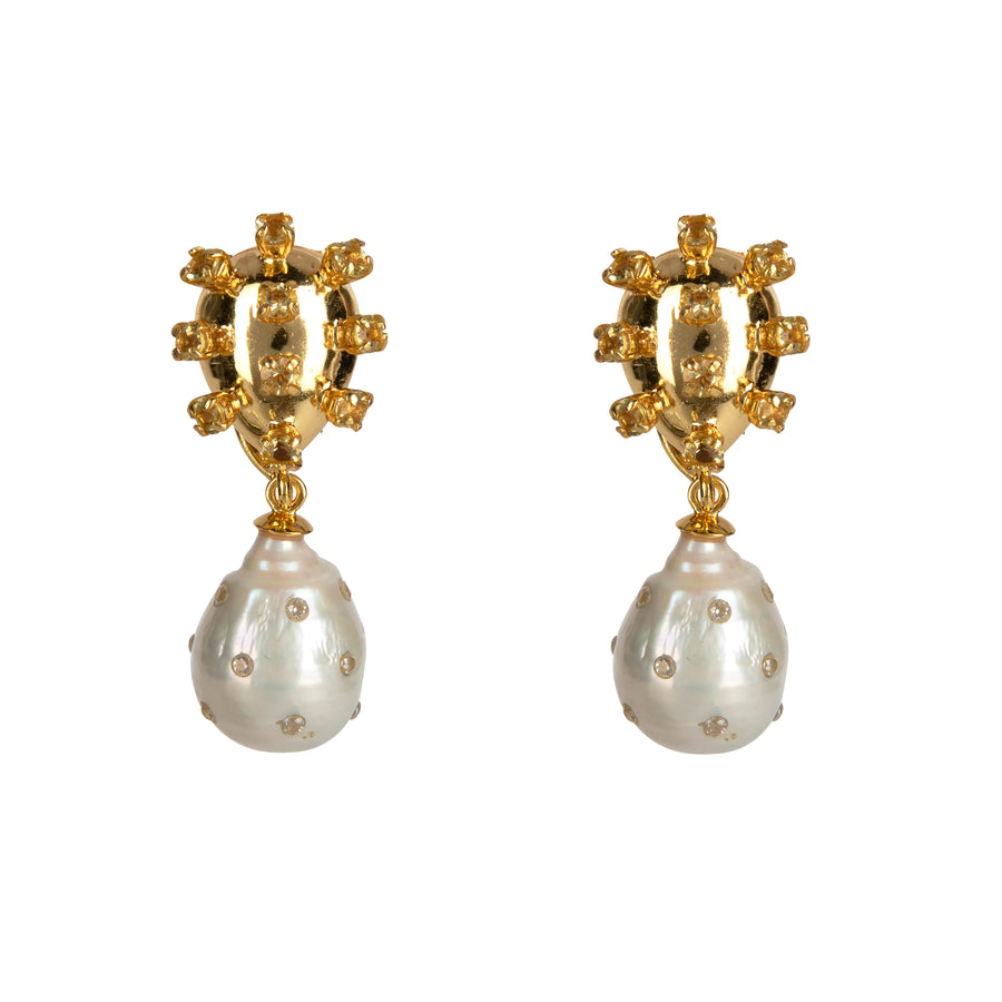 Pair of gold-plated convertible earrings with vintage-inspired tops and detachable pearl drops accented with crystal details.