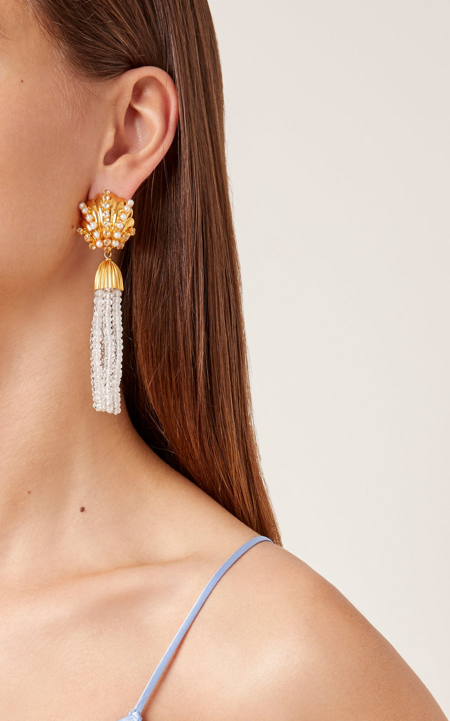 Gold Sea Shell, Pearls & Rock Crystal Tassels Earrings