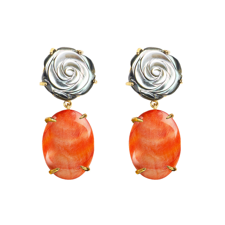 Grey Mother of Pearl and Orange Seashell Earrings