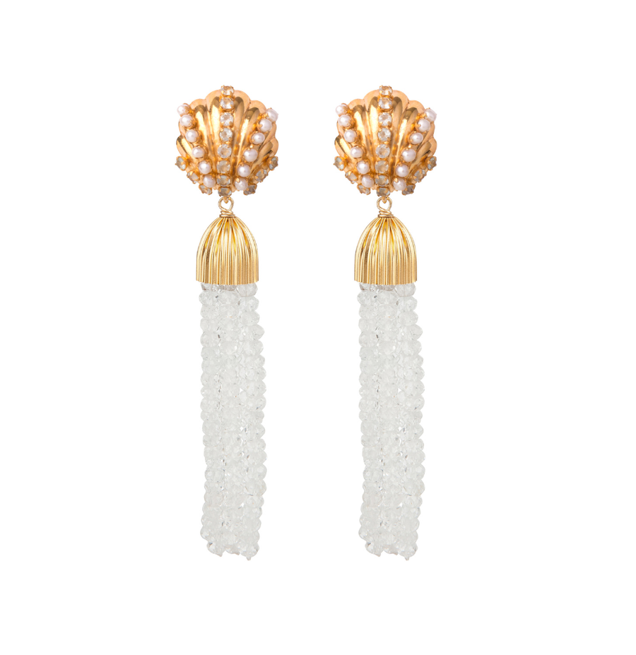 Gold Sea Shell, Pearls & Rock Crystal Tassels Earrings