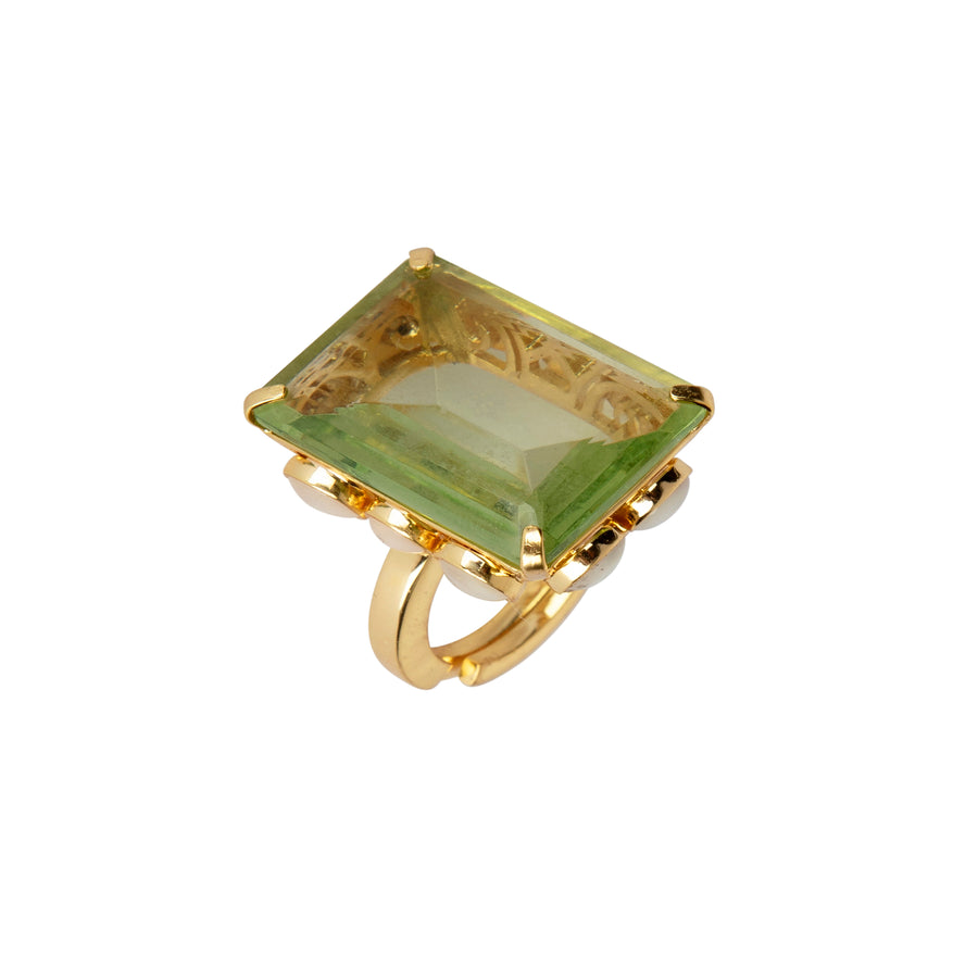 Gold ring with a large rectangular green semi-precious stone, accented by smaller contrasting stones, featuring a resizable band.