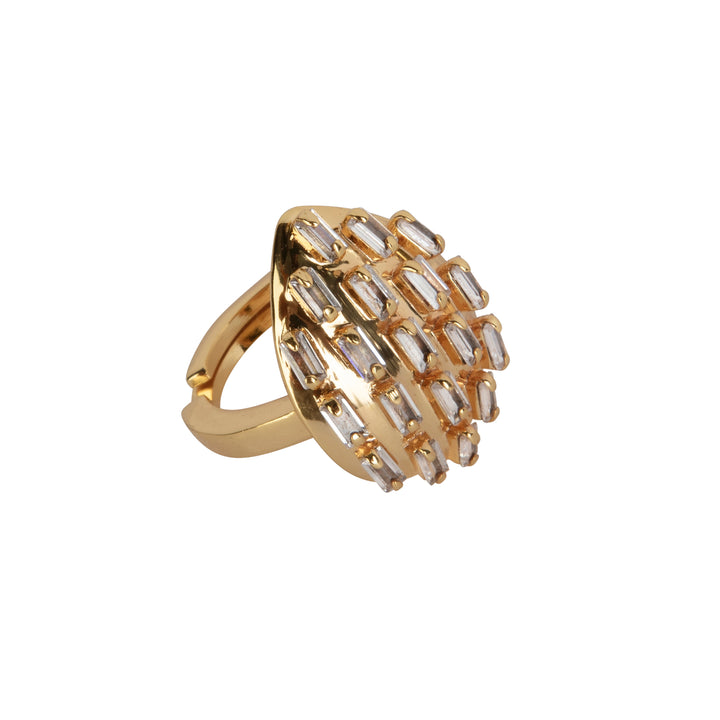 Selene Ring – earth-inspired 14k gold-plated oval statement ring with rows of baguette-cut semi-precious stones in Art Deco design.