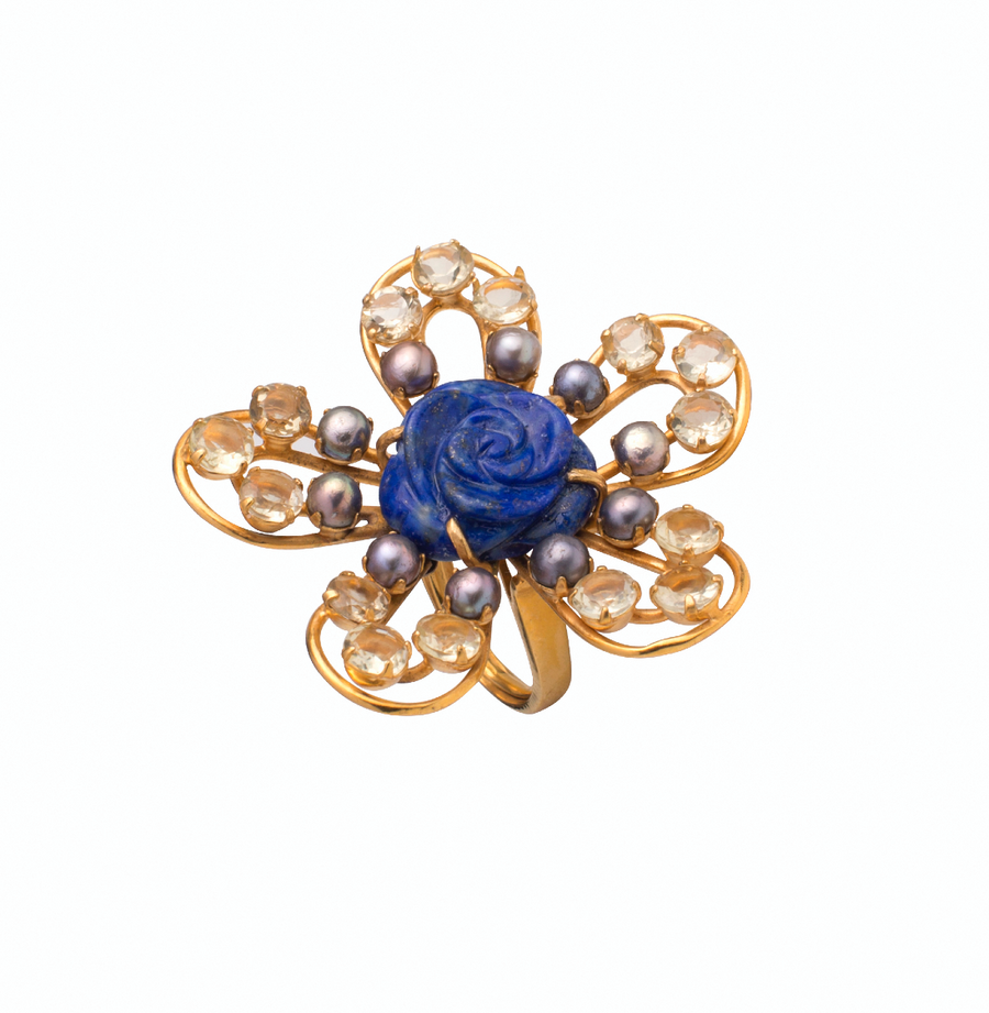 Lapis, Grey Fresh Water Pearls & Lemon Quartz Ring