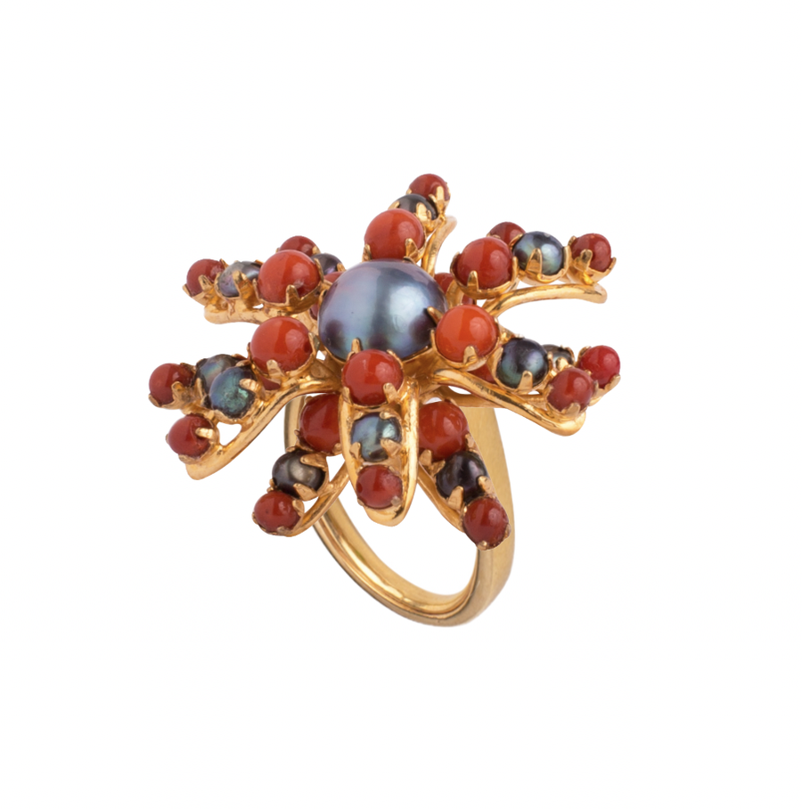 Grey Fresh Water Pearls & Red Coral Ring