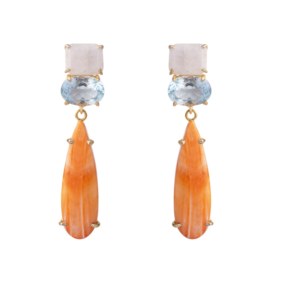 Moonstone, Blue Quartz & Orange Sea Shell Earrings
