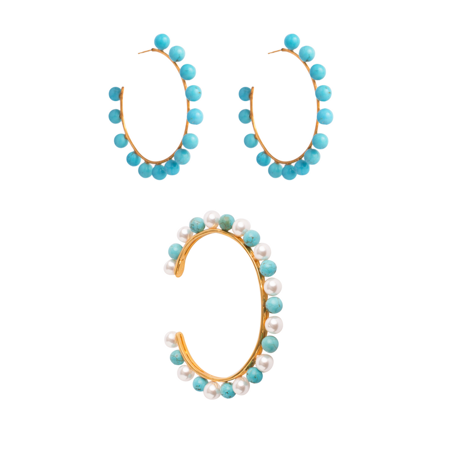 White Shell Pearl & Turquoise Hoops SET