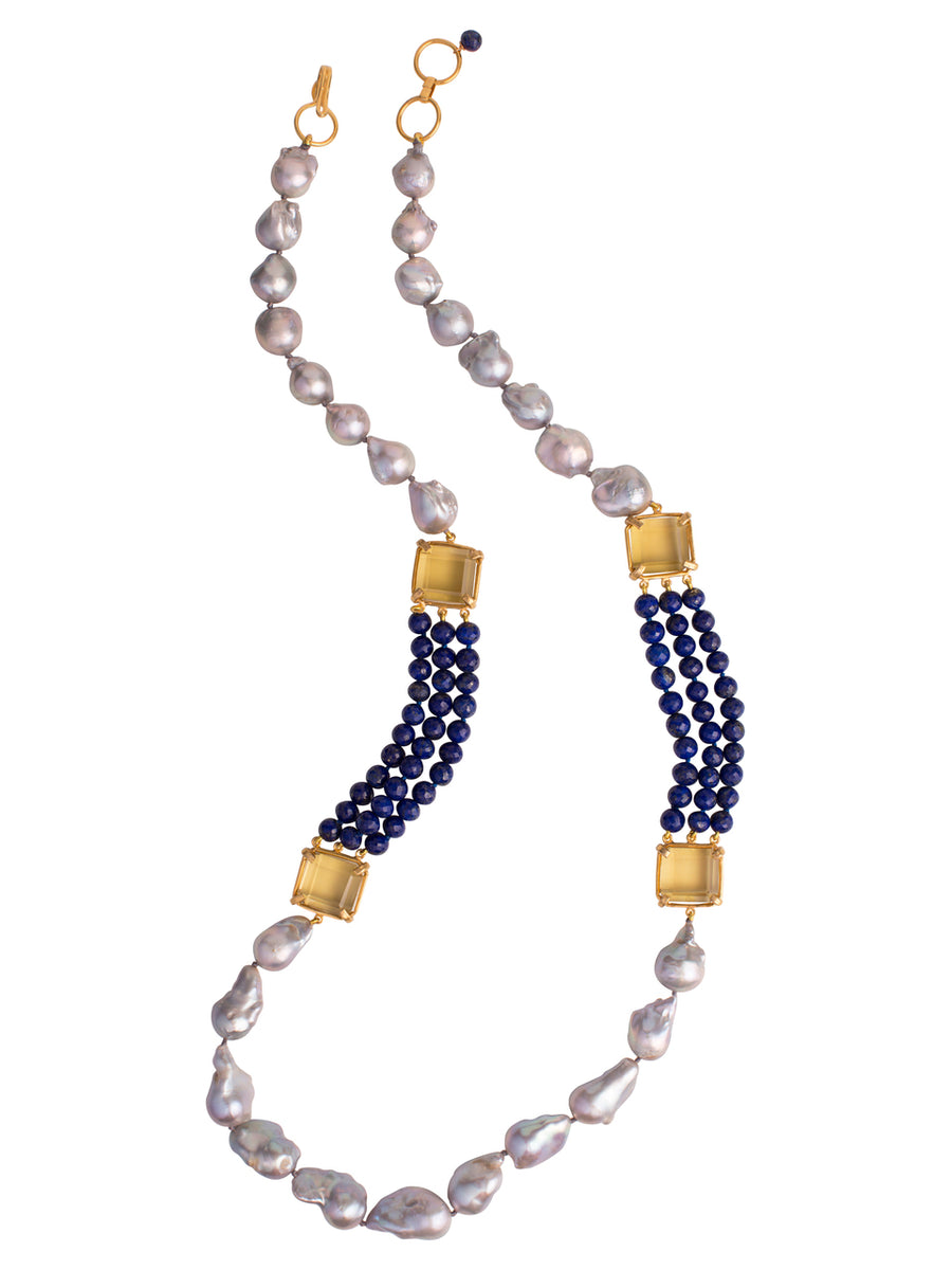Grey Baroque Pearl, Lapis & Hydro Lemon Quartz Necklace