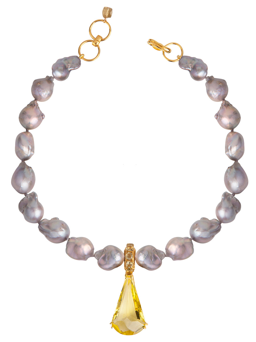 Lemon Quartz & Grey Baroque Pearls Necklace