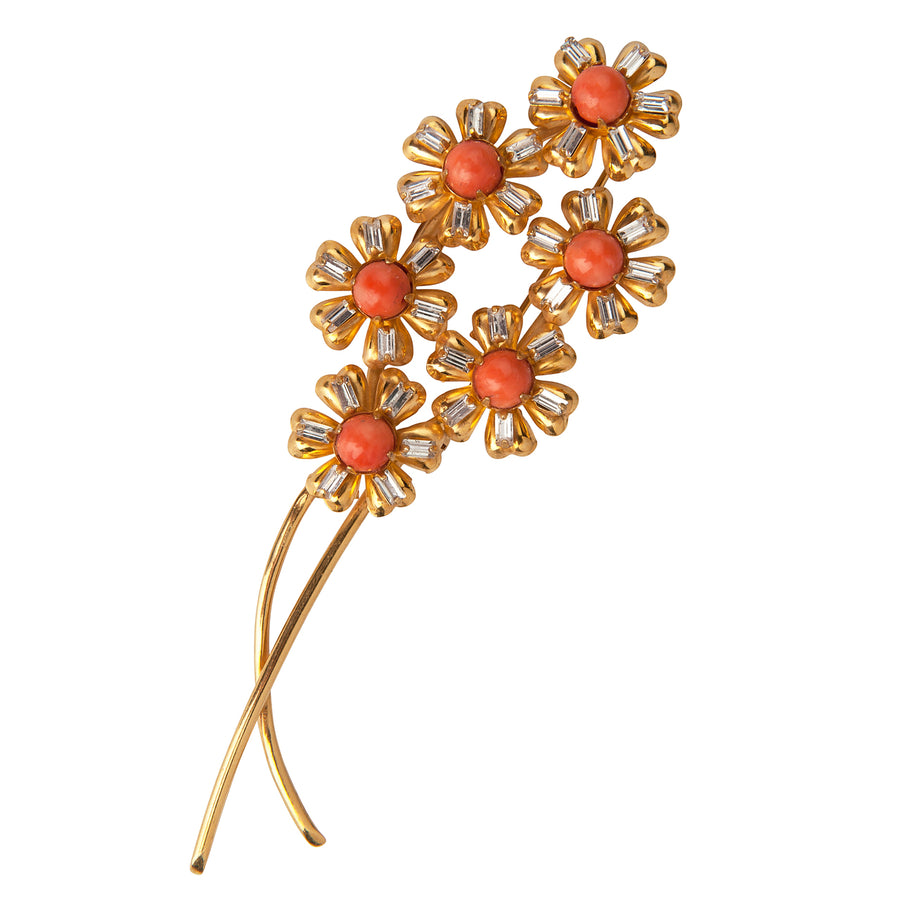 Bamboo Coral & CZ Flower Pin