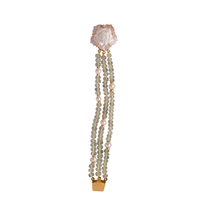 Green Amethyst, Fresh Water Pearl & Carved Mother of Pearl Bracelet