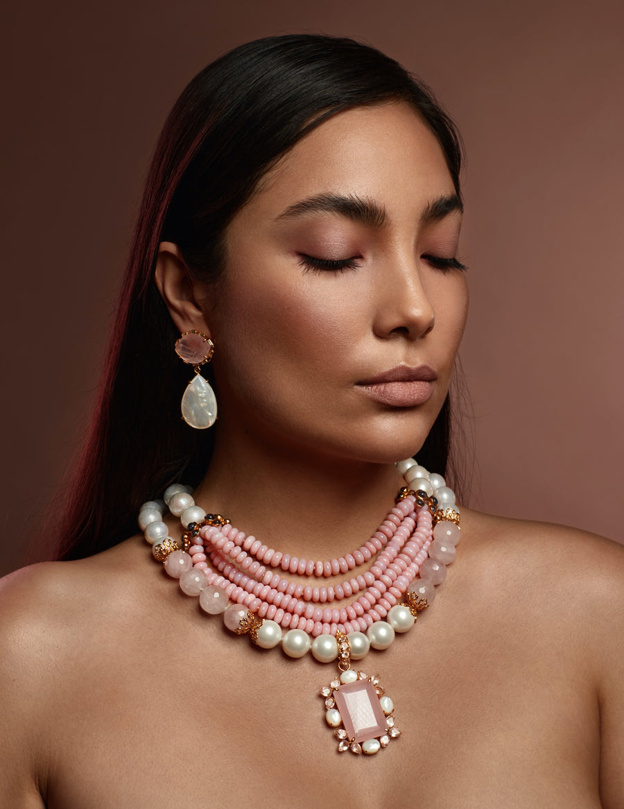 Pink Opal, Iolite &  Acoya Pearls Necklace