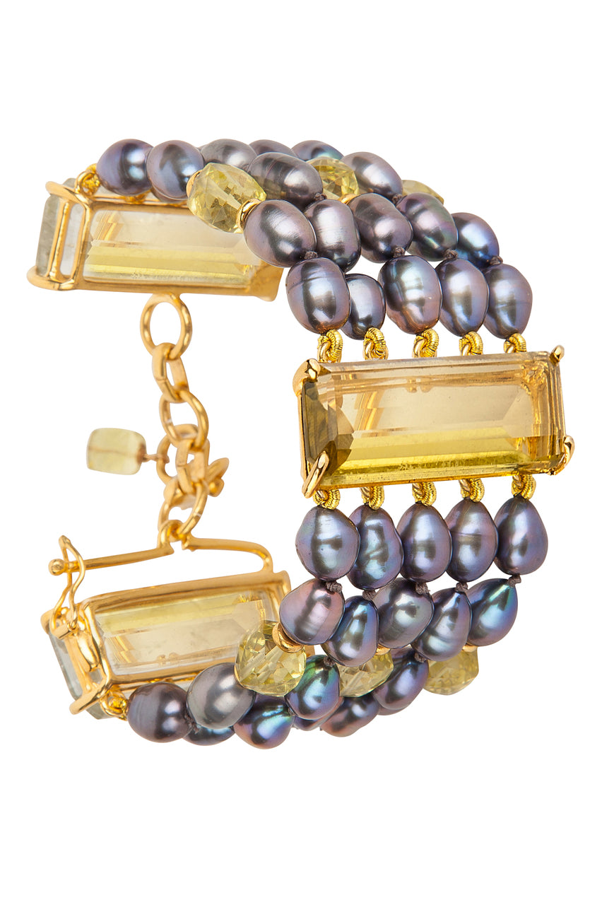 Lemon Quartz & Grey Fresh Water Pearls Bracelet