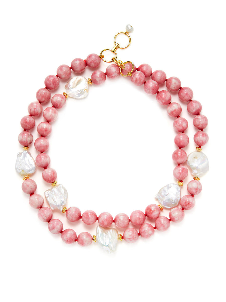 Pink Rhodochrosite Jade & White Keshi Pearls Long Necklace