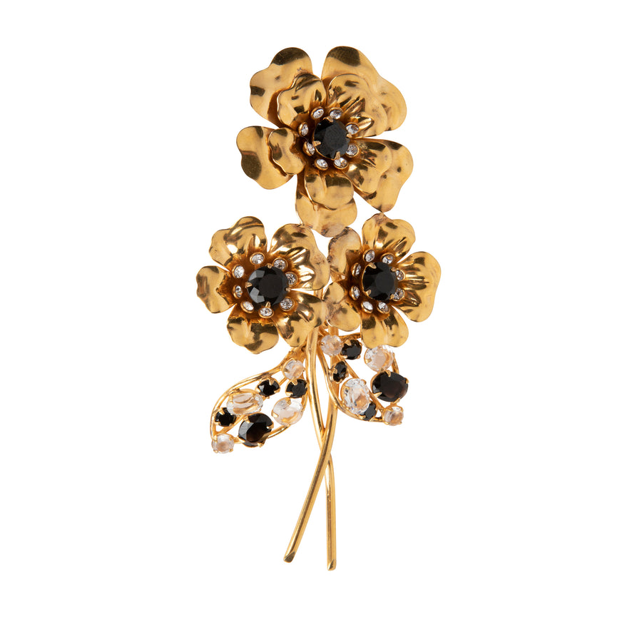 Black Onyx & Clear Quartz Flower Pin