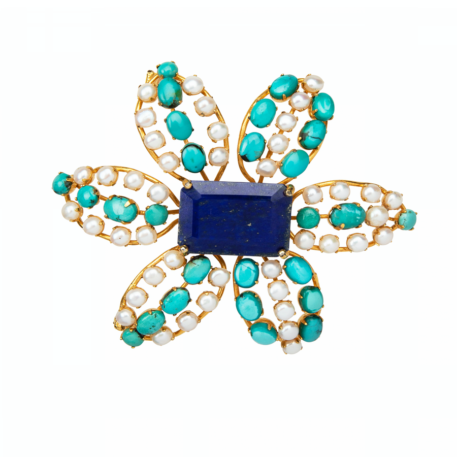Turquoise, Pearl & Lapis Flower Pin