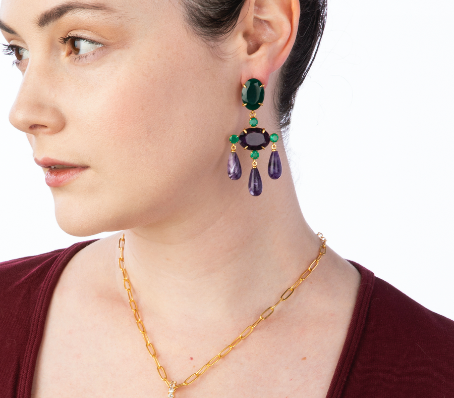 Green Onyx, Amethyst, and Charoite Chandelier Earrings