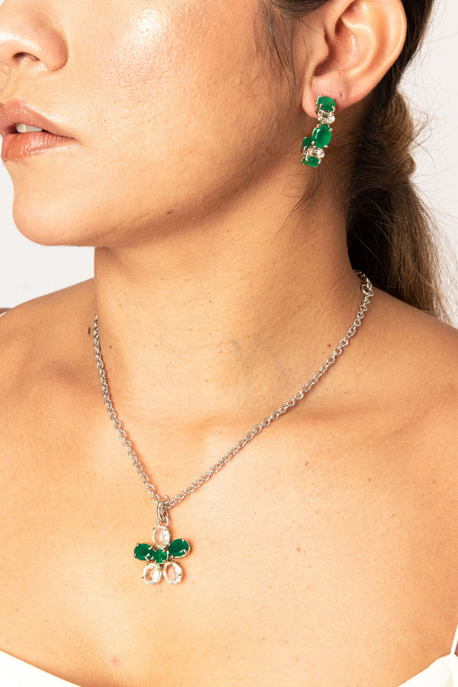 Green Onyx & Clear Quartz Pendant Necklace