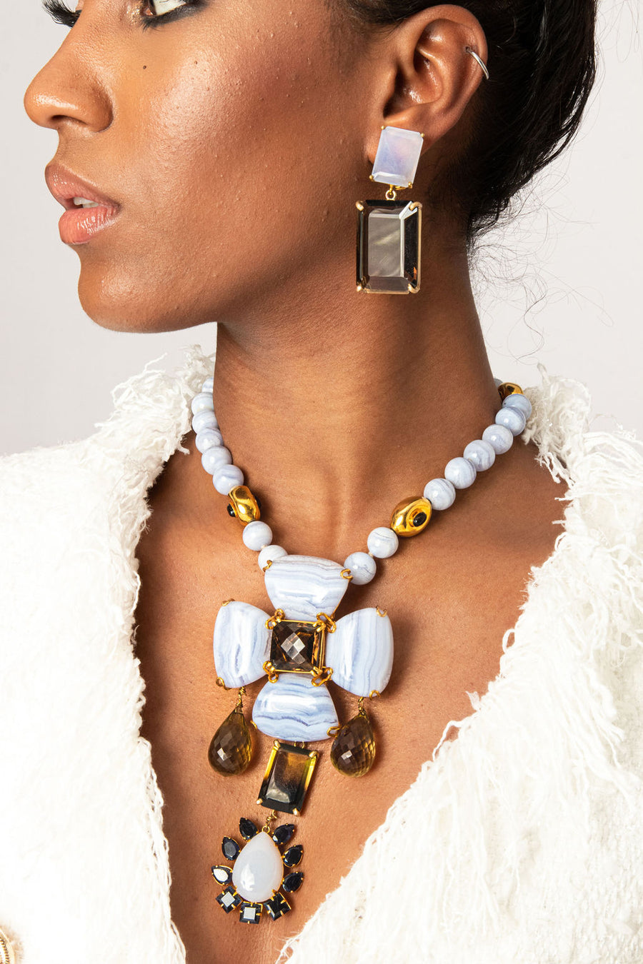 Smoky Quartz, Iolite & Blue Lace Statement