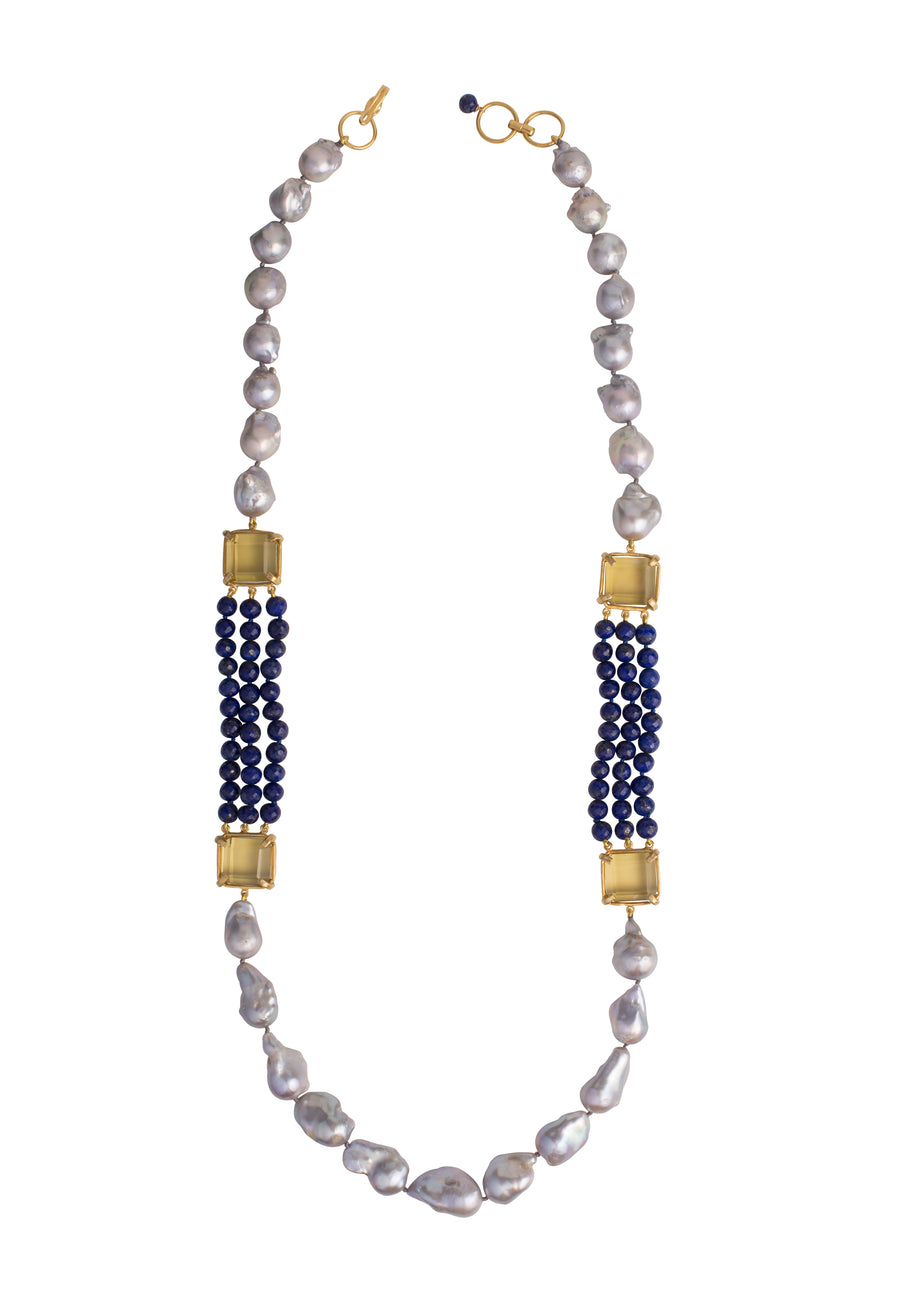 Grey Baroque Pearl, Lapis & Hydro Lemon Quartz Necklace