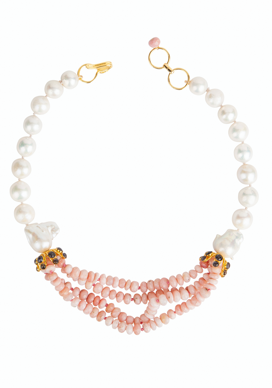 Pink Opal, Iolite &  Acoya Pearls Necklace
